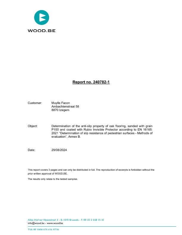 Anti-slip test Invisible Protector EN 16165 P100_Wood.be_2024_Eng