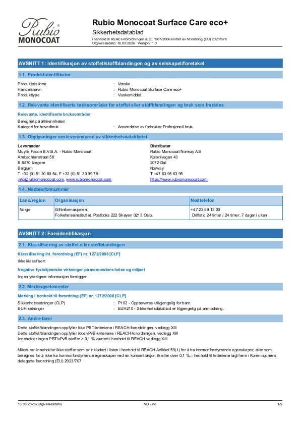 MSDS Surface Care Eco+ - Norway - NO
