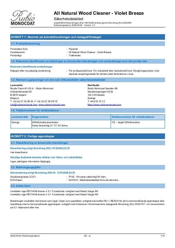 MSDS All Natural Wood Cleaner - Sweden - SV